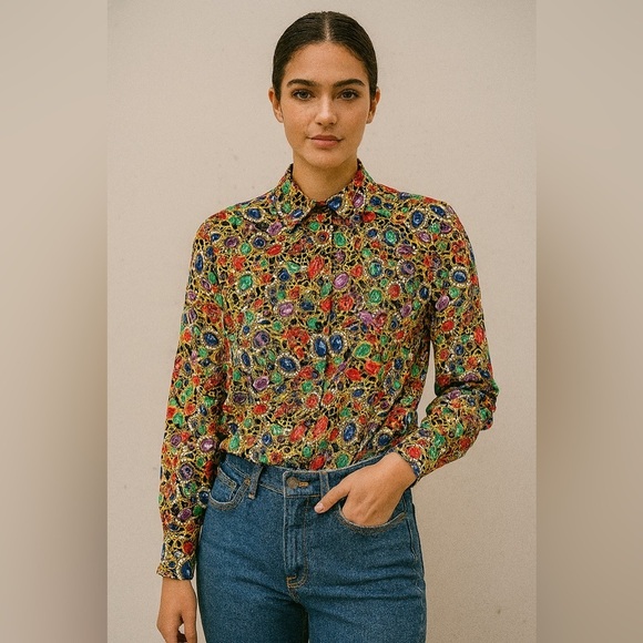 TanJay Tops - Vintage Tanjay Gems print blouse button down size 10 rare​​​​​​​​​​​​​